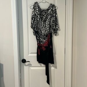 WHBM black, white, coral silky dress with cutout arms and tie waist. Size XS.